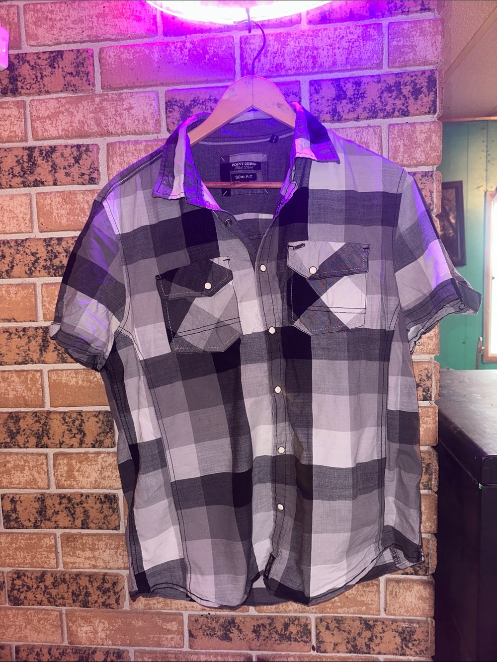 Point Zero Men's Black and Gray Plaid Short-Sleeve Button-Down Shirt
